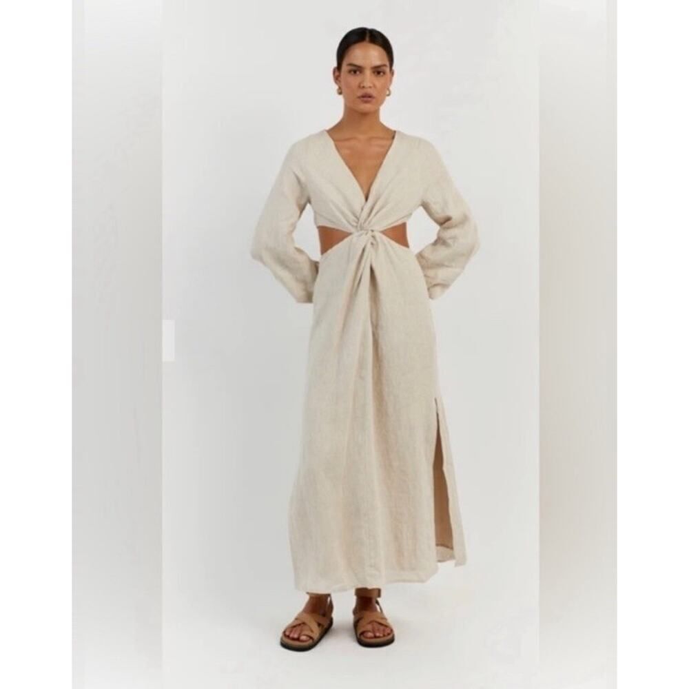 NWT DISSH Tina Linen Twist Front Cutout Midi Dress Natural Size US 8